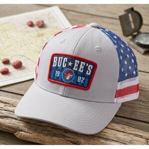 Buc-ees 1982 Patriotic Trucker Hat With Mesh Back Adjustable Snapback Red White